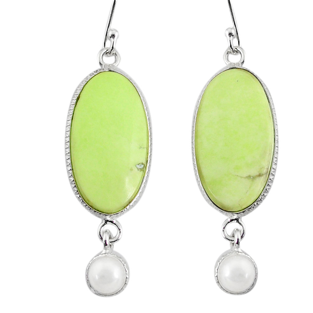 16.68cts natural lemon chrysoprase pearl 925 silver dangle earrings r75813