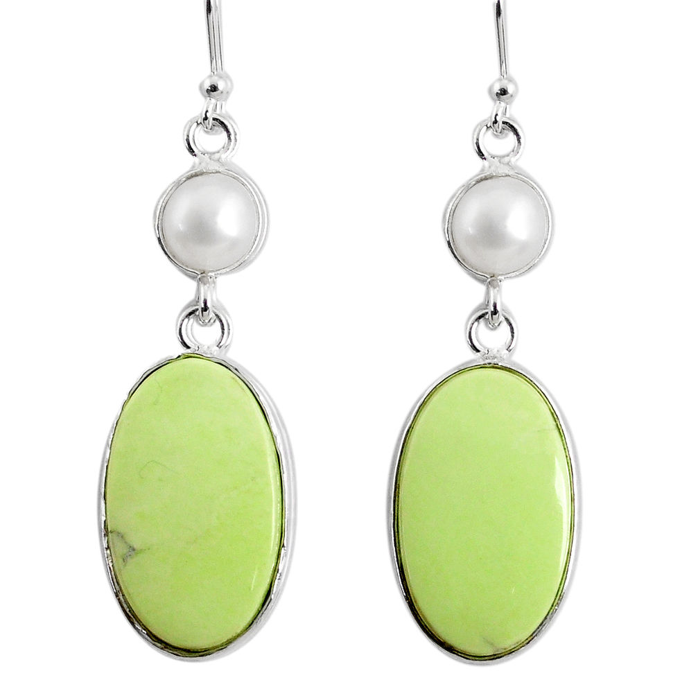 17.35cts natural lemon chrysoprase pearl 925 silver dangle earrings r75817