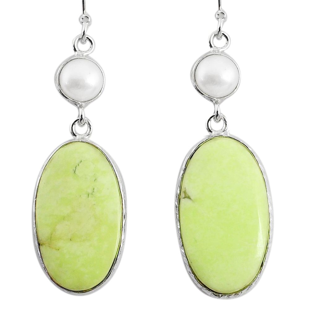 19.09cts natural lemon chrysoprase pearl 925 silver dangle earrings r75819