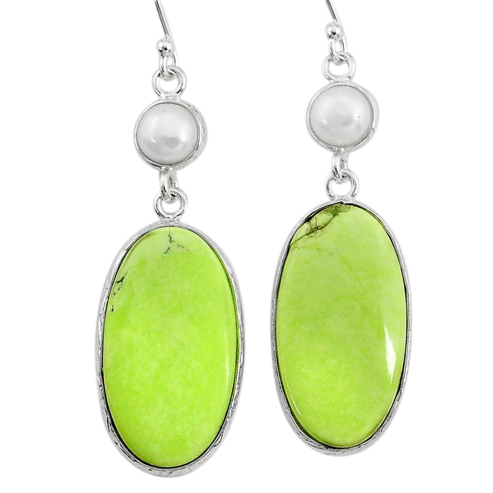 20.47cts natural lemon chrysoprase pearl 925 silver dangle earrings t14881