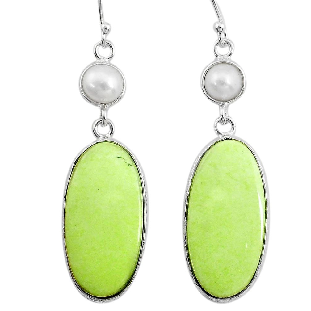 20.53cts natural lemon chrysoprase pearl 925 silver dangle earrings t14883