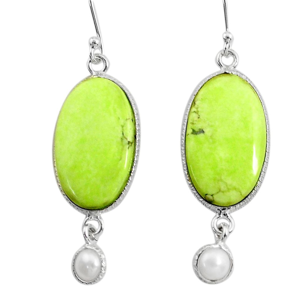 18.24cts natural lemon chrysoprase pearl 925 silver dangle earrings t14885