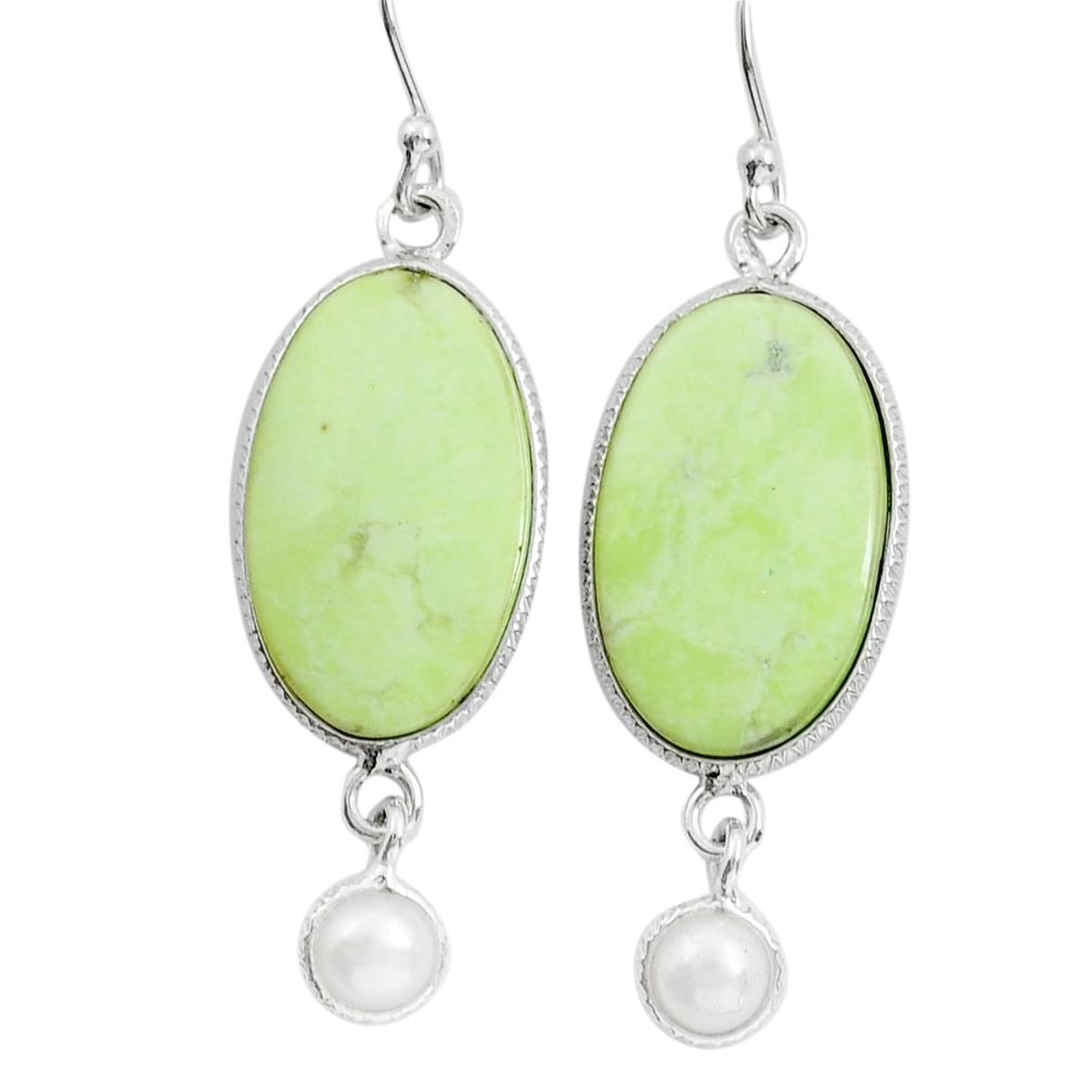 15.92cts natural lemon chrysoprase white pearl 925 silver dangle earrings y12236