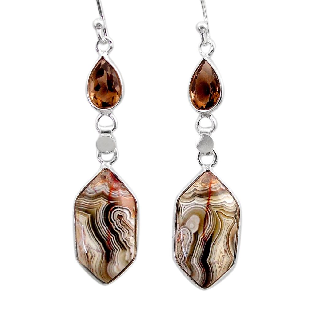 13.08cts natural mexican laguna lace agate smoky topaz silver earrings t61132