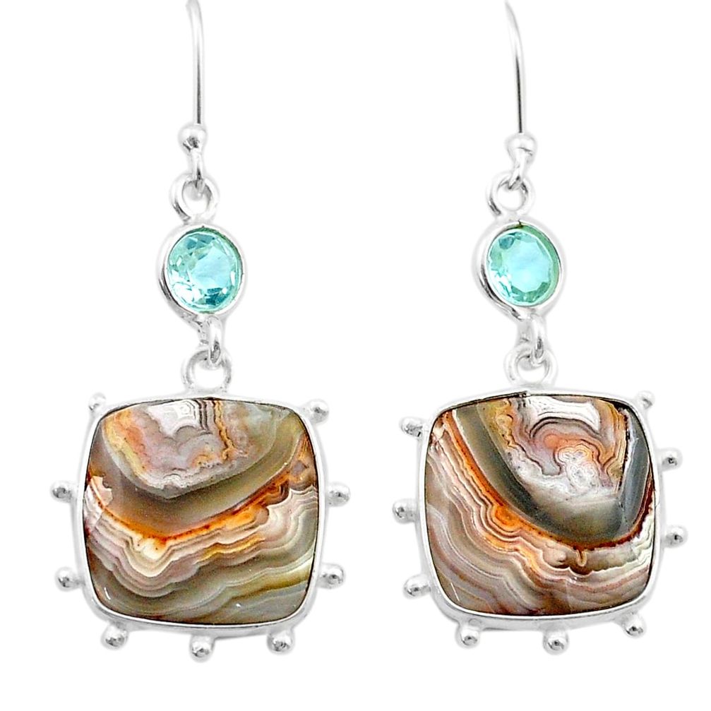 14.17cts natural mexican laguna lace agate topaz silver dangle earrings u43198