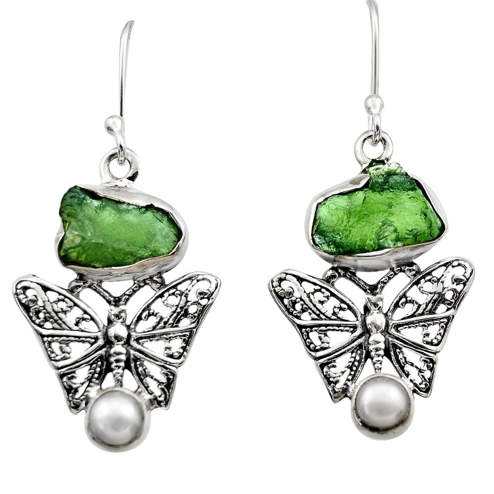 10.25cts natural moldavite (genuine czech) 925 silver butterfly earrings r29535