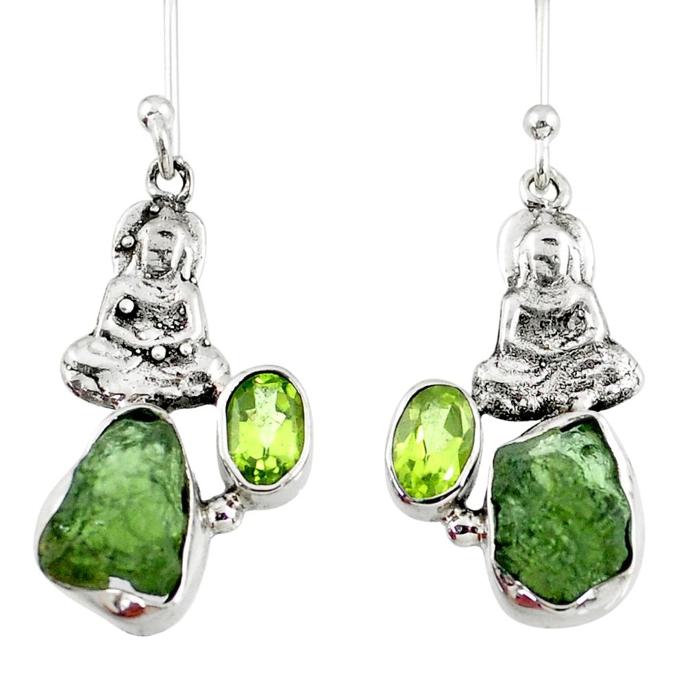 8.44cts natural moldavite (genuine czech) silver buddha charm earrings r57256