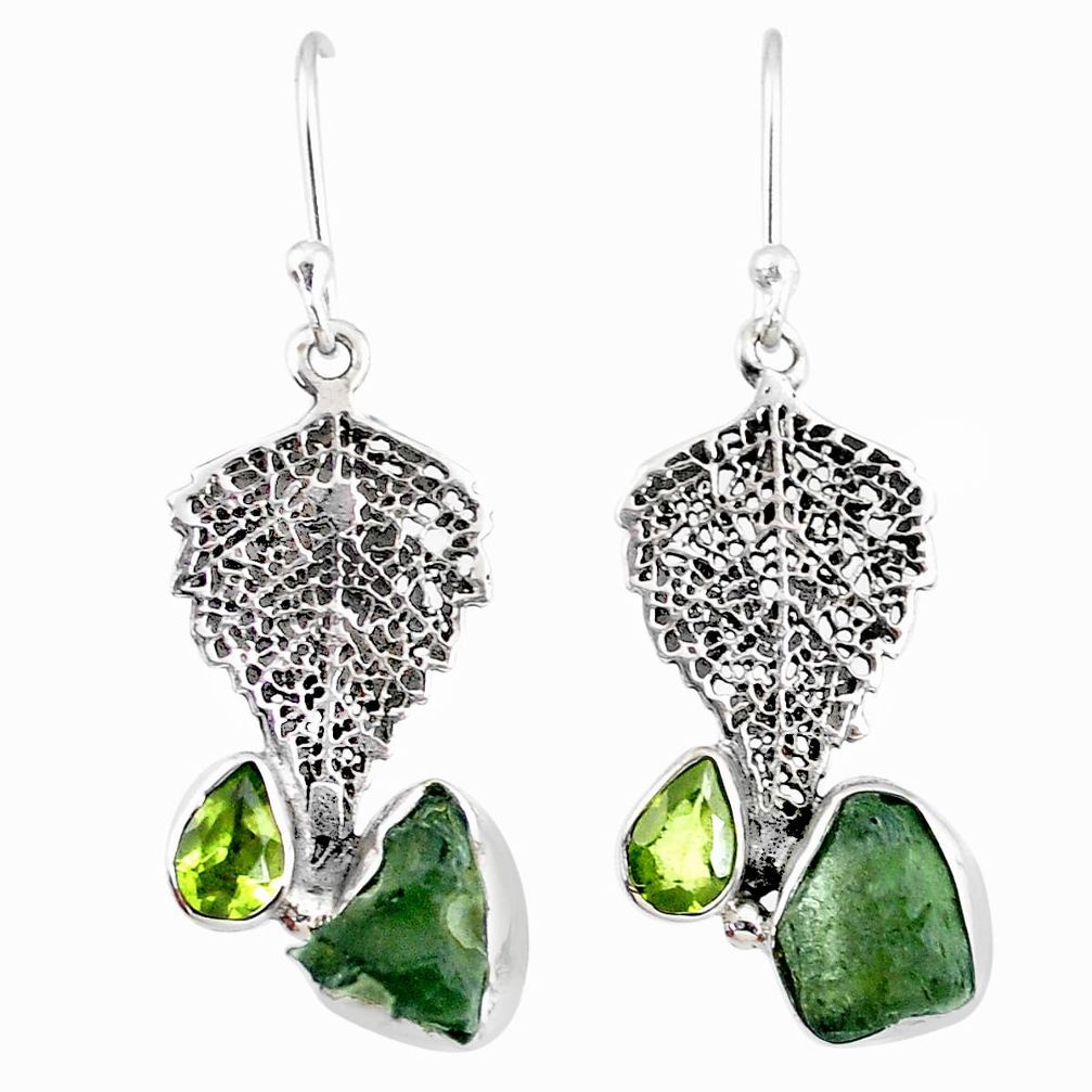 7.67cts natural moldavite (genuine czech) silver deltoid leaf earrings r57321