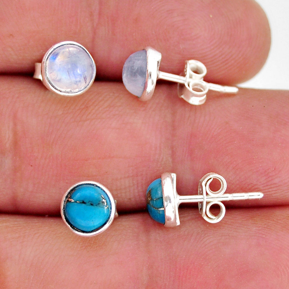 3.24cts natural moonstone copper turquoise silver 2 pair stud earrings y72744