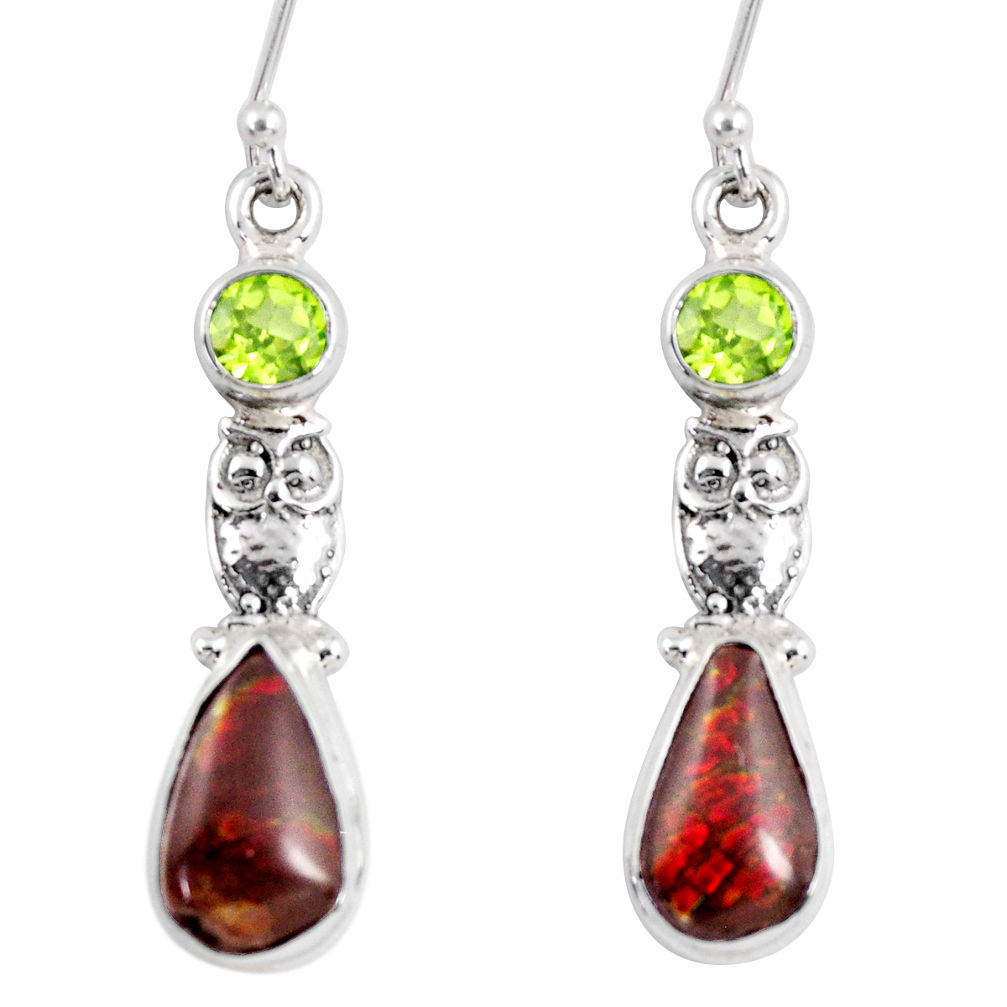 8.28cts natural multi color ammolite (canadian) 925 silver owl earrings r56246