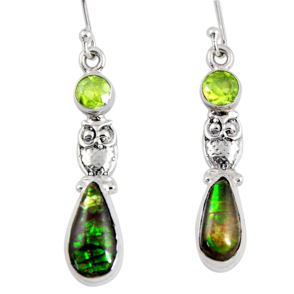 8.80cts natural multi color ammolite (canadian) 925 silver owl earrings r56254