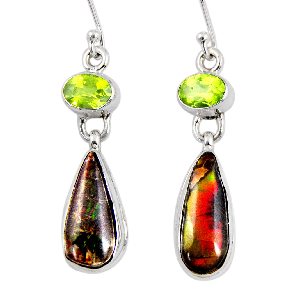 12.03cts natural multi color ammolite (canadian) peridot silver earrings r56224