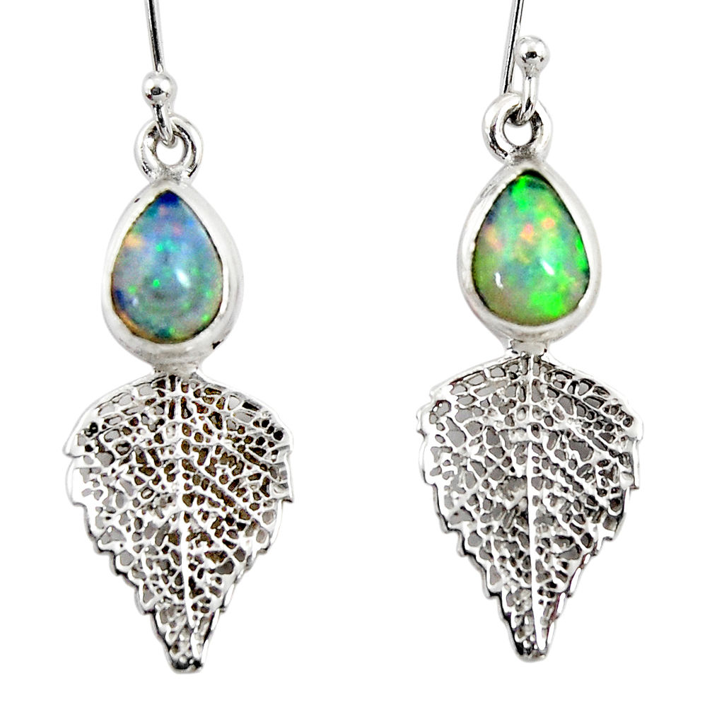 3.83cts natural multi color ethiopian opal silver deltoid leaf earrings r51029