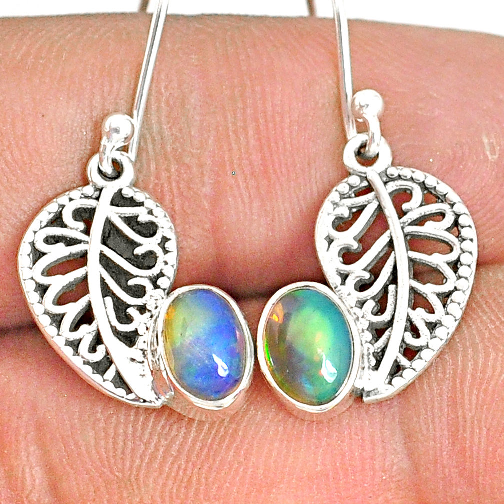 2.72cts natural multi color ethiopian opal silver deltoid leaf earrings r76289