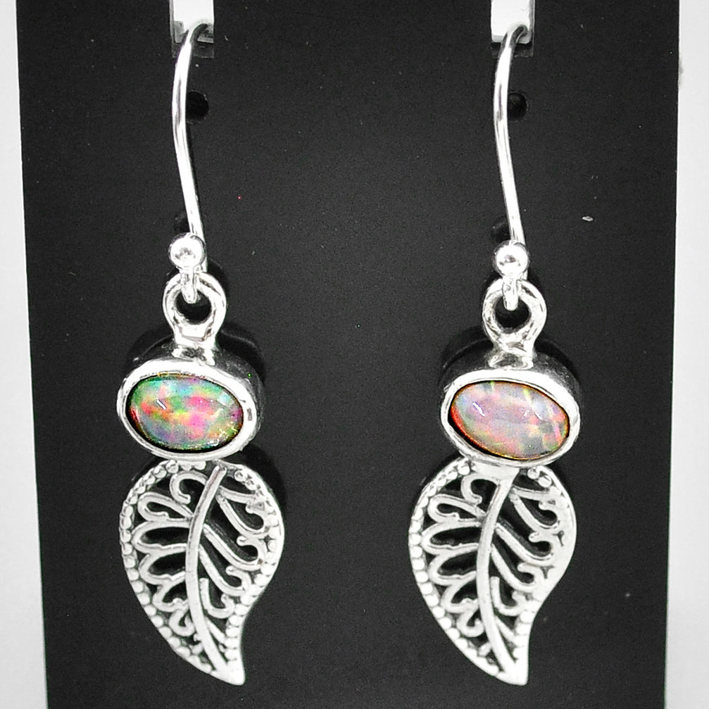 3.13cts natural multi color ethiopian opal silver deltoid leaf earrings t5935