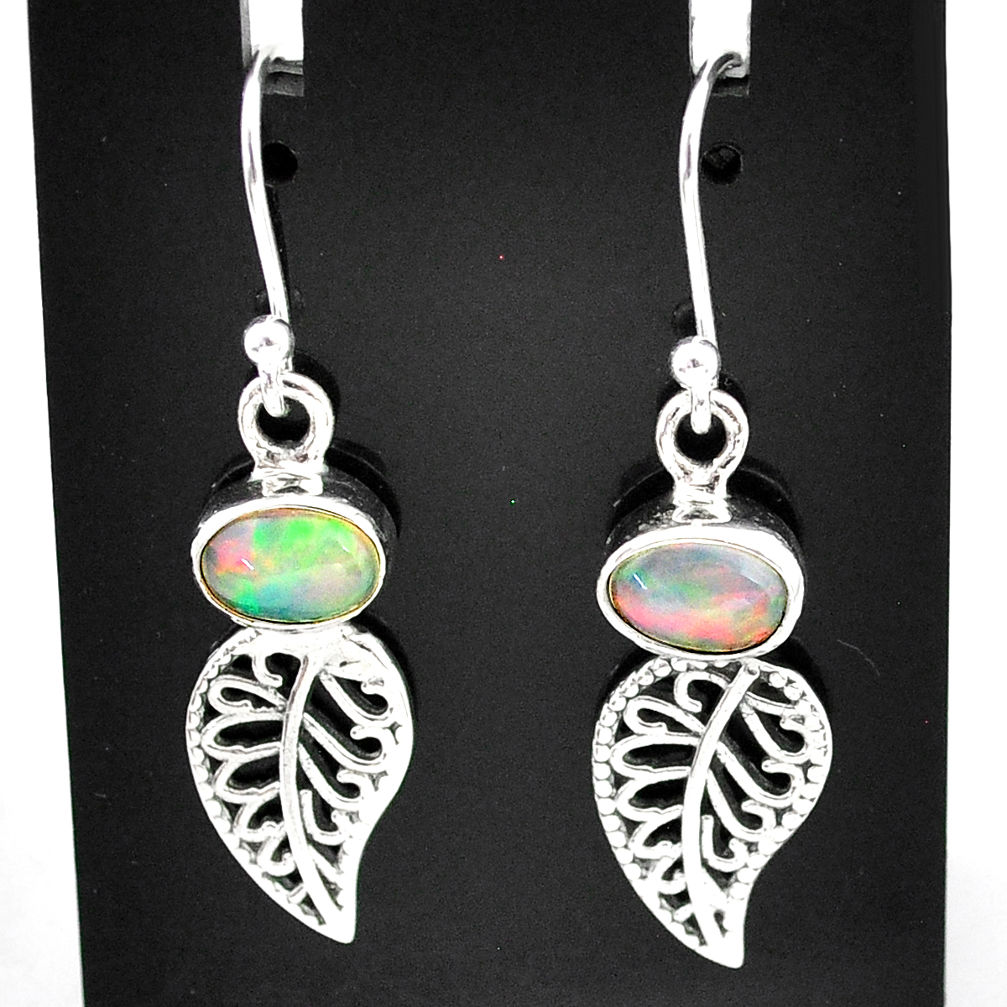 2.94cts natural multi color ethiopian opal silver deltoid leaf earrings t5946