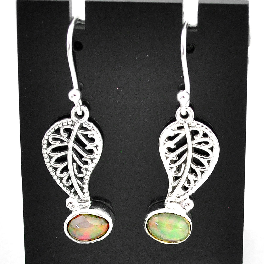 3.09cts natural multi color ethiopian opal silver deltoid leaf earrings t5968