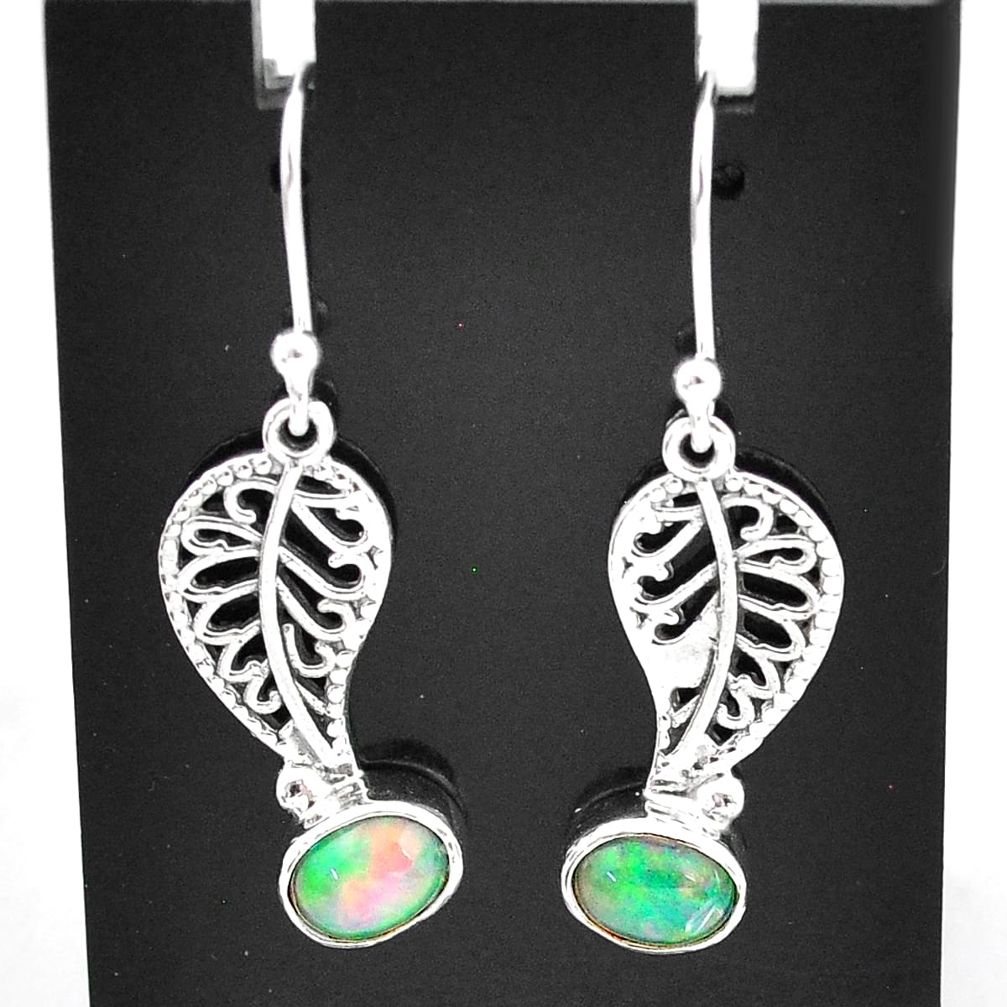 3.09cts natural multi color ethiopian opal silver deltoid leaf earrings t5986