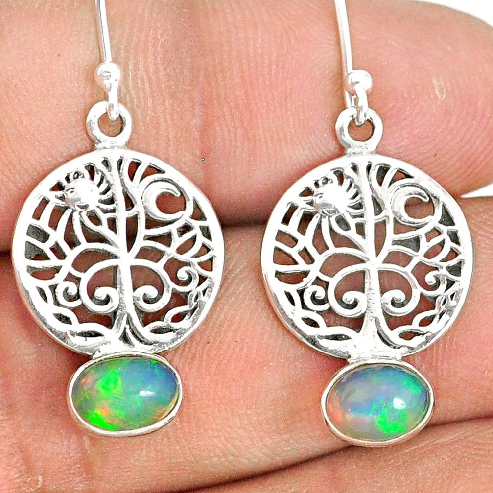 3.13cts natural multi color ethiopian opal silver tree of life earrings r76244