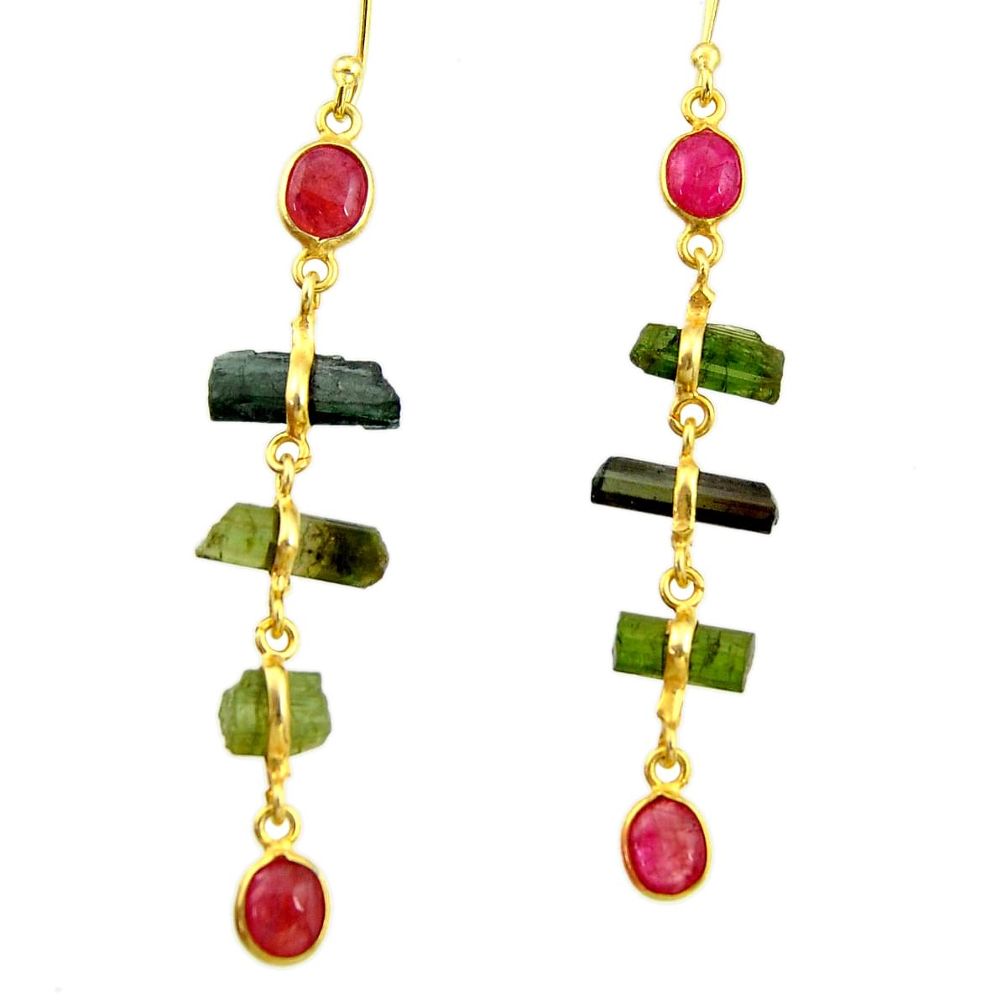 11.77cts natural multi color tourmaline 925 silver 14k gold earrings r33318