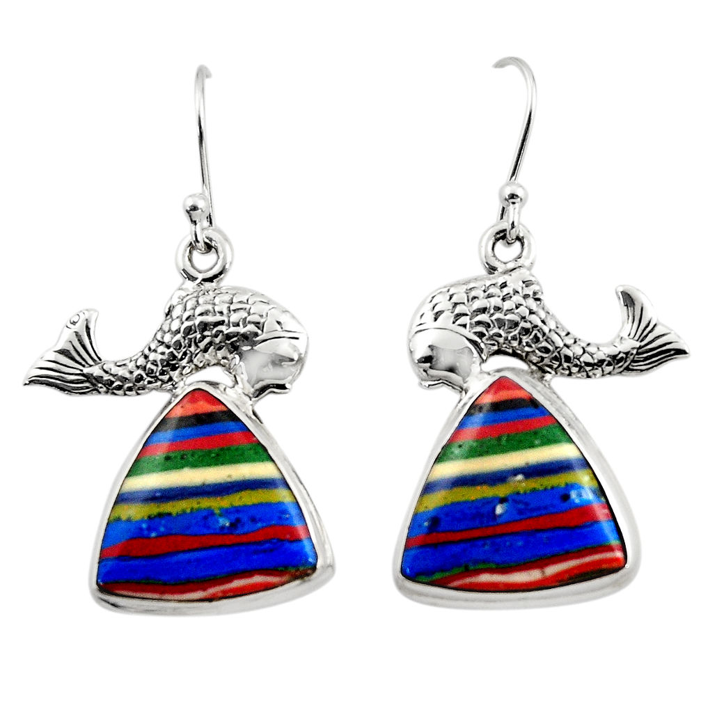18.47cts natural multicolor rainbow calsilica 925 silver fish earrings r45303
