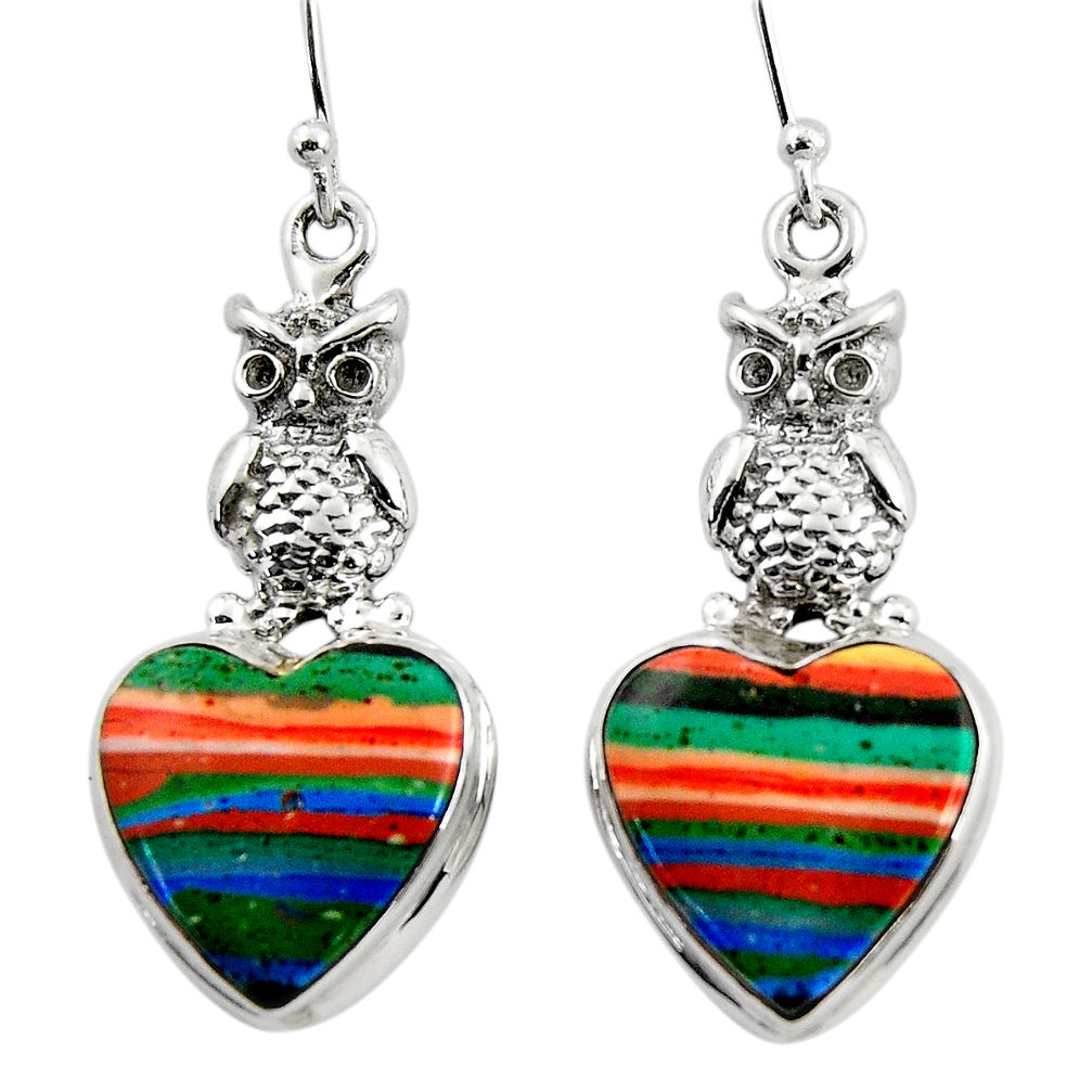 17.42cts natural multicolor rainbow calsilica 925 silver owl earrings r45281