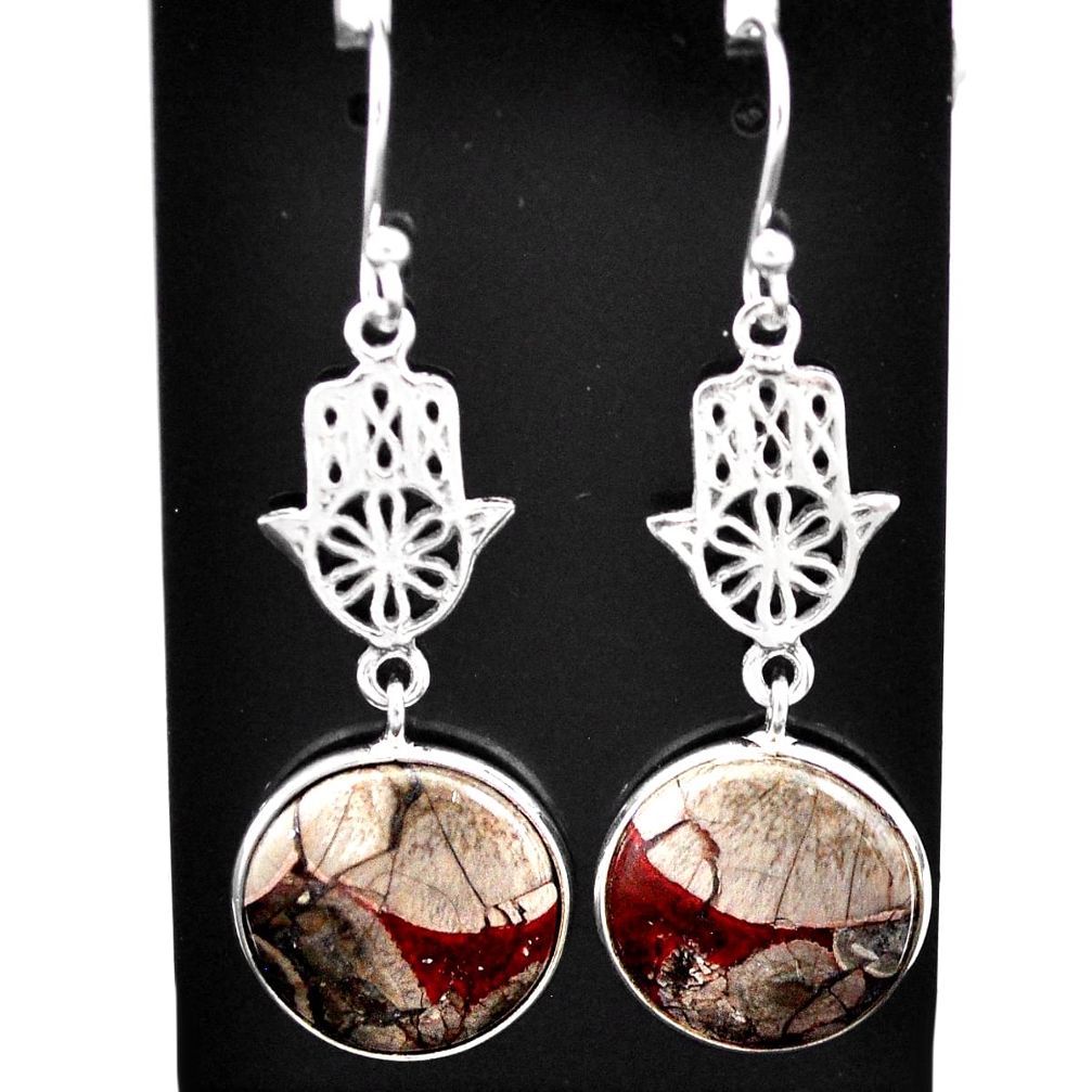 11.69cts natural mushroom rhyolite 925 silver hand of god hamsa earrings t60757