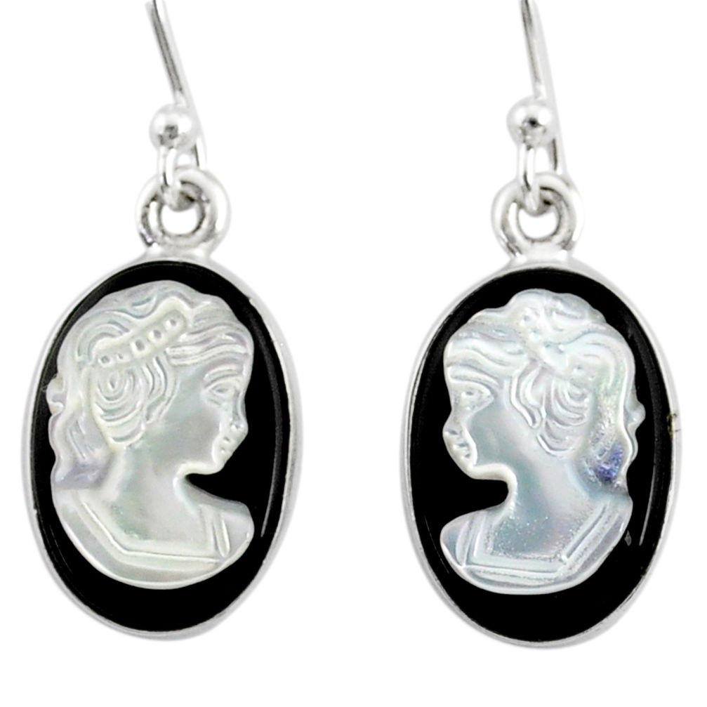 6.95cts natural opal cameo on black onyx 925 silver lady face earrings r80426