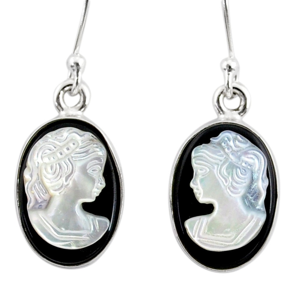 7.38cts natural opal cameo on black onyx 925 silver lady face earrings r80433