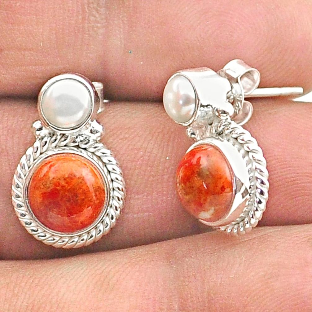 orange mojave turquoise pearl 925 silver stud earrings t70975