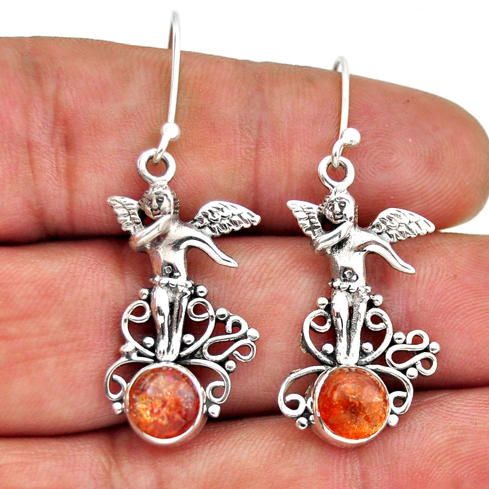 4.57cts natural orange sunstone (hematite feldspar) silver angel earrings n51118