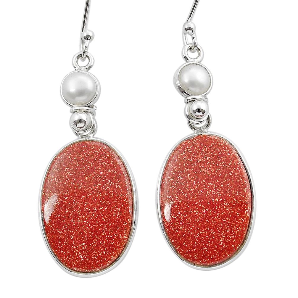 16.49cts natural orange sunstone white pearl 925 silver dangle earrings y15541