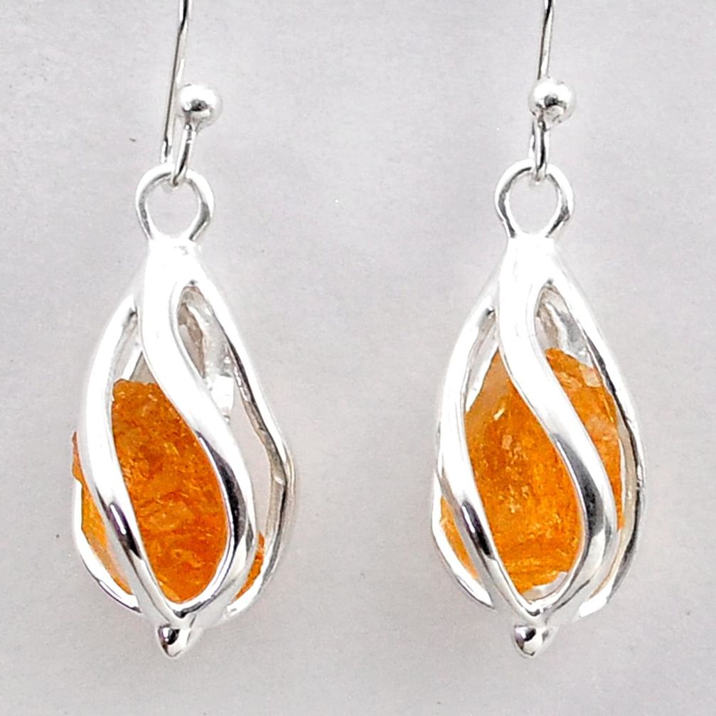 6.55cts natural orange tourmaline rough 925 silver dangle cage earrings t72014