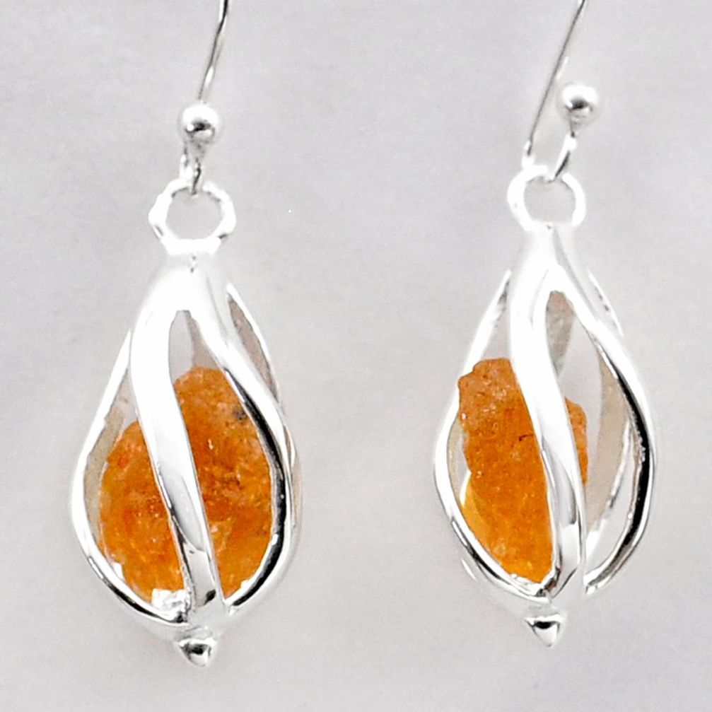 6.62cts natural orange tourmaline rough 925 silver dangle cage earrings t72018