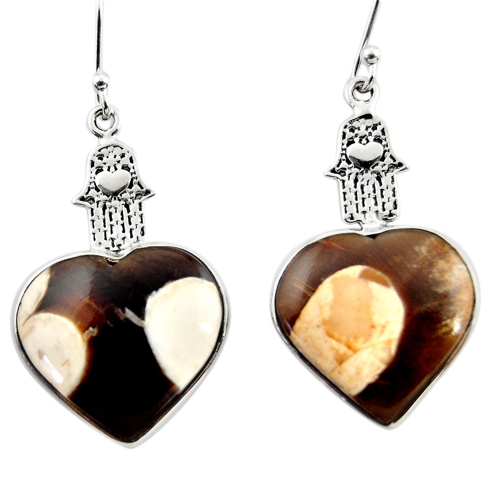Natural peanut petrified wood fossil silver hand of god heart earrings r46835