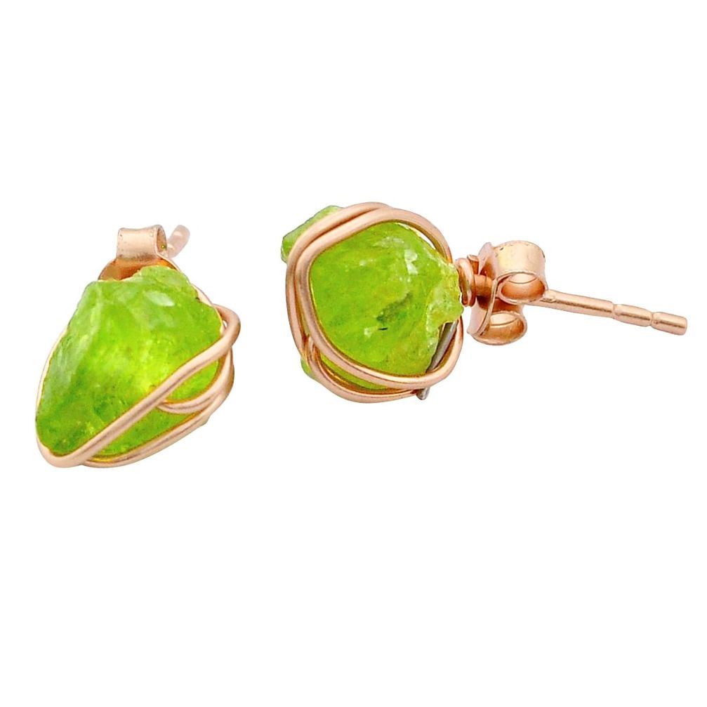 6.80cts natural peridot rough silver rose gold wire wrap stud earrings u67953