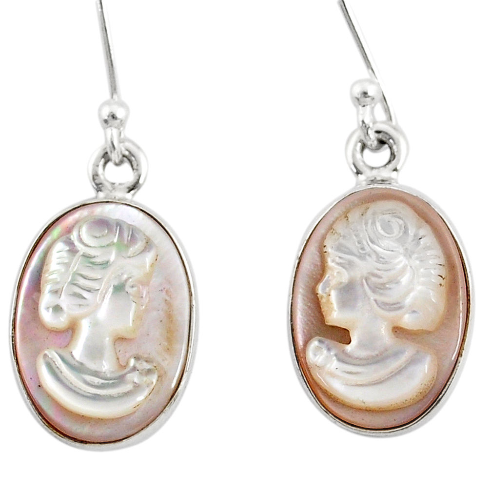 7.47cts natural pink cameo on shell 925 silver lady face earrings r80413