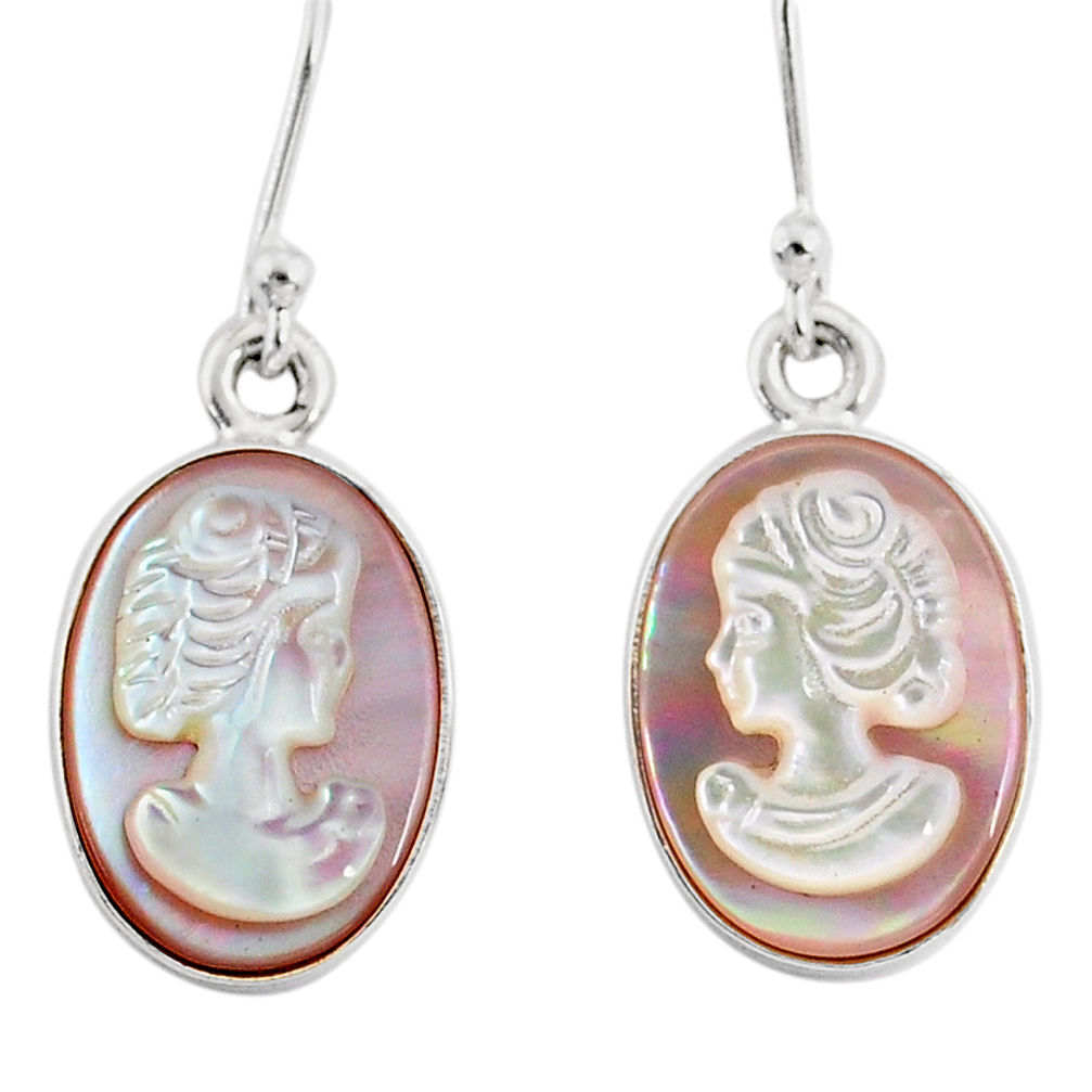 7.54cts natural pink cameo on shell 925 silver lady face earrings r80417