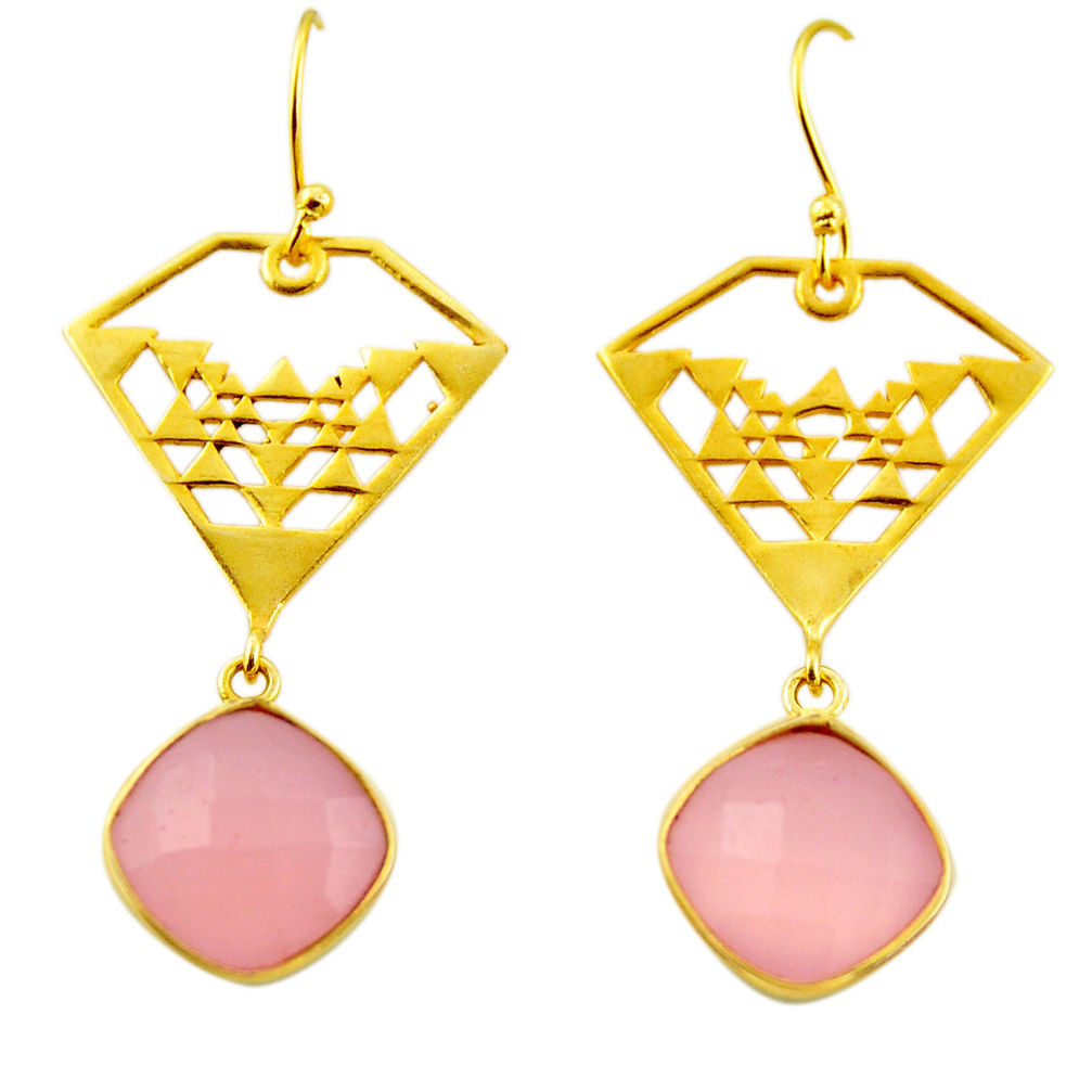 13.27cts natural pink chalcedony 925 silver 14k gold dangle earrings r32863