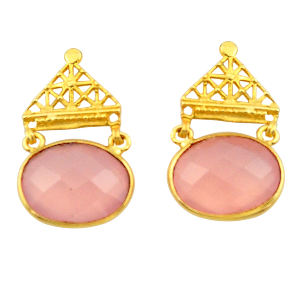 21.41cts natural pink chalcedony 925 silver 14k gold dangle earrings r32926