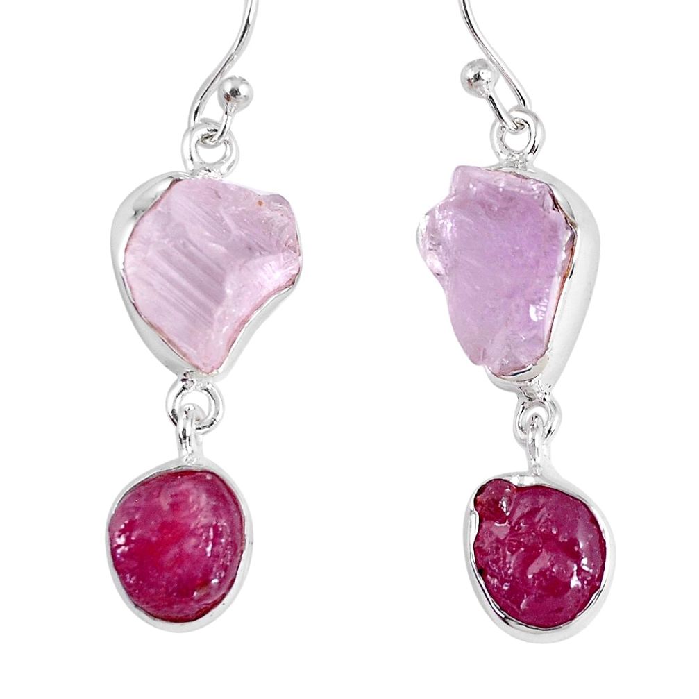 18.47cts natural pink kunzite rough ruby rough 925 silver dangle earrings r55449