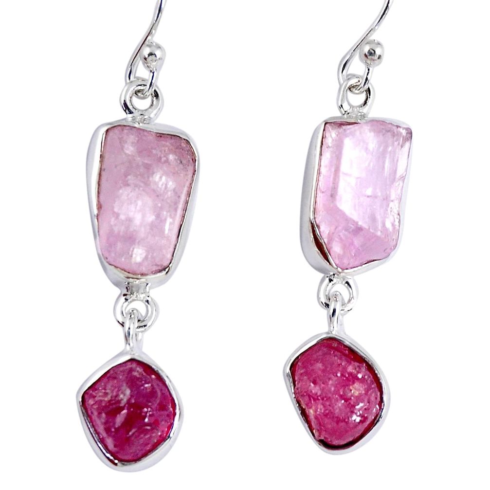 17.69cts natural pink kunzite rough ruby rough 925 silver dangle earrings r55450