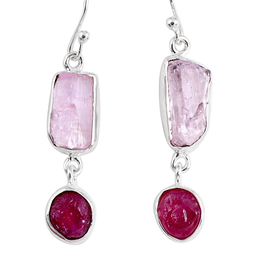 17.20cts natural pink kunzite rough ruby rough 925 silver dangle earrings r55454