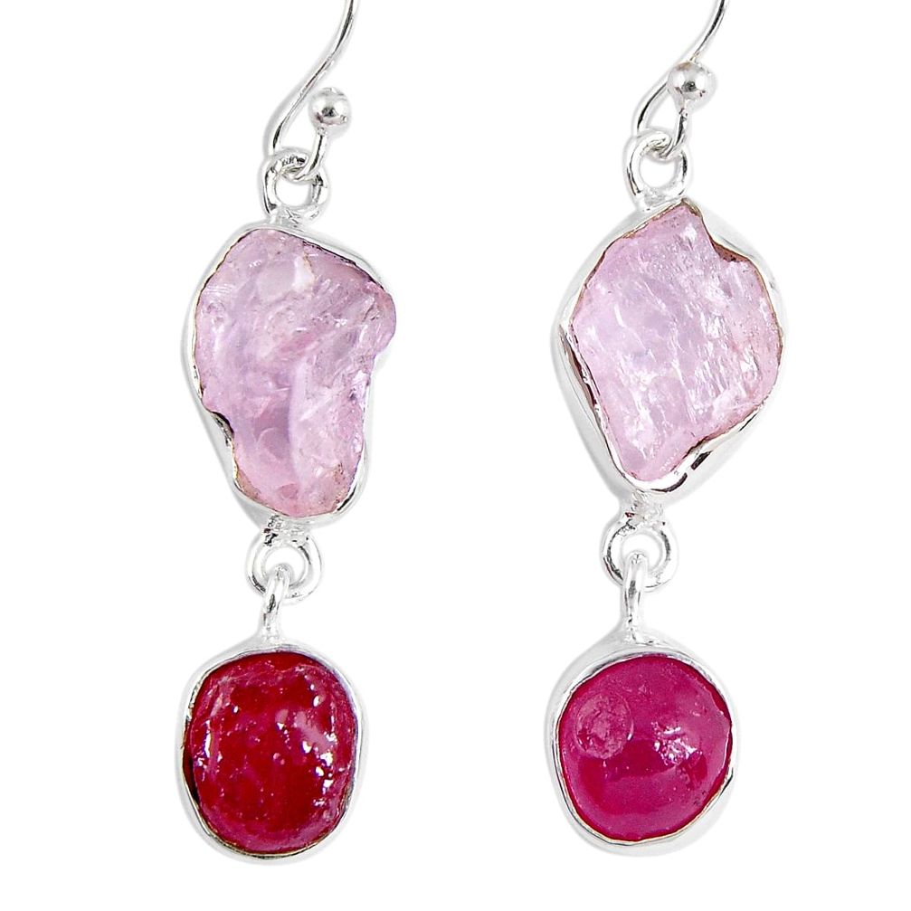 17.64cts natural pink kunzite rough ruby rough 925 silver dangle earrings r55457
