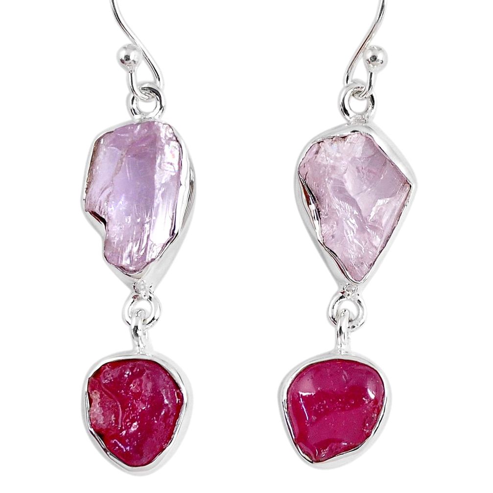 16.17cts natural pink kunzite rough ruby rough 925 silver dangle earrings r55458