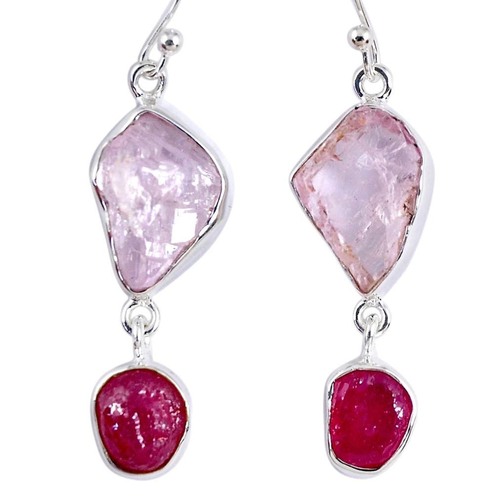 19.48cts natural pink kunzite rough ruby rough 925 silver dangle earrings r55460