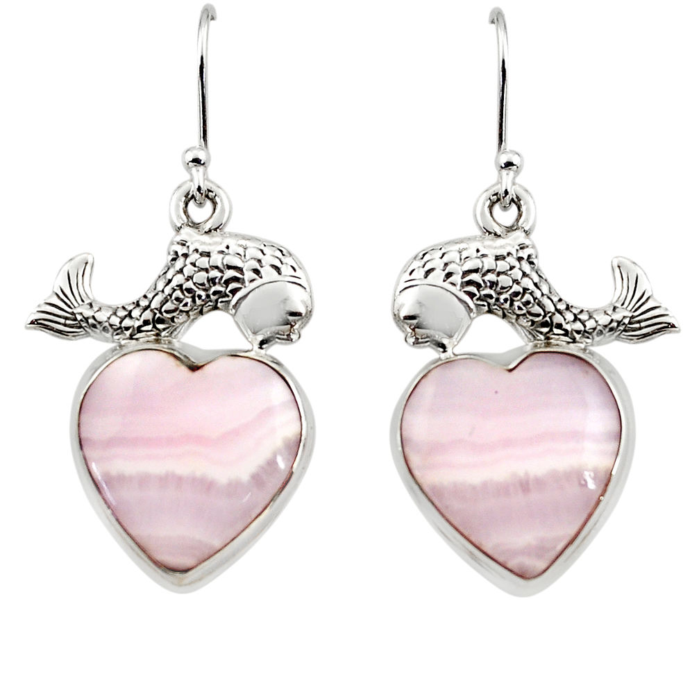 20.47cts natural pink lace agate 925 sterling silver fish earrings r45239