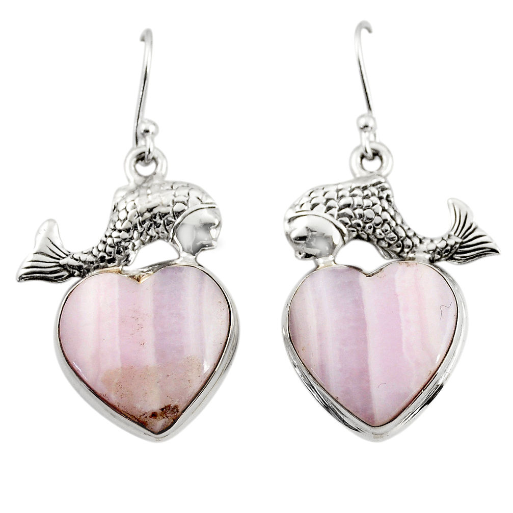 17.59cts natural pink lace agate 925 sterling silver fish earrings r46073