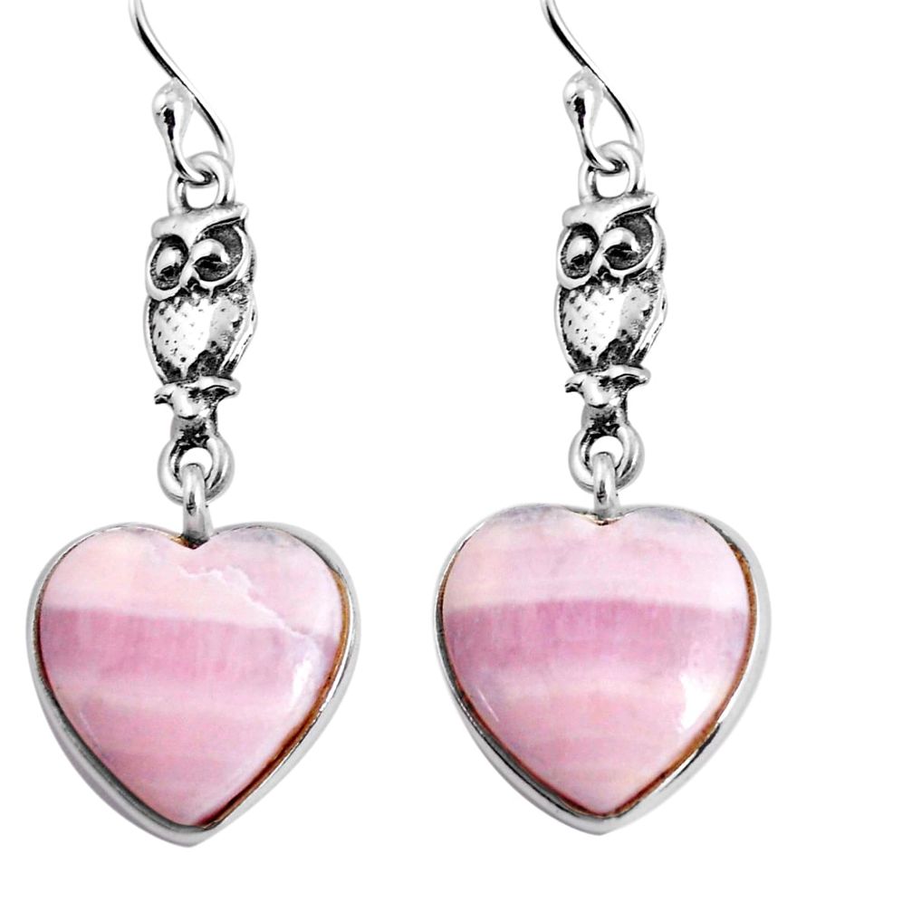 14.08cts natural pink lace agate heart 925 sterling silver owl earrings p91814