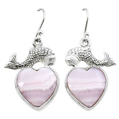 18.18cts natural pink lace agate sterling silver fish earrings jewelry y15494